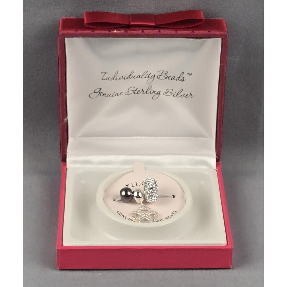 Individuality Beads Genuine Sterling Silver Charm Set Lucky Clover‎ Crystal NIB